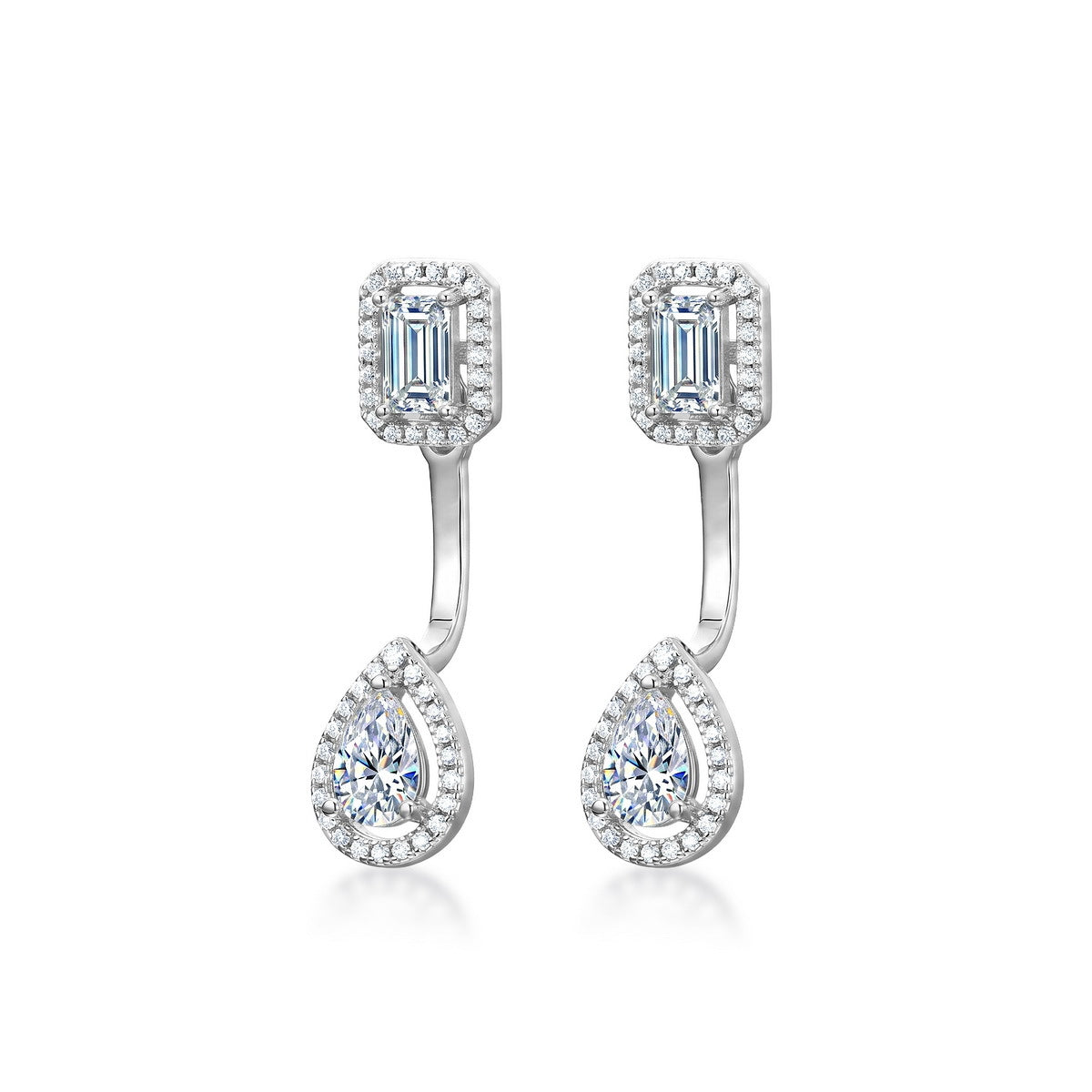 Emerald and pear cut halo lab grown diamond drop earrings in sterling silver isolated on white background