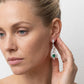 Model wearing 3.14ct oval-cut emerald wave earrings, front view, high fashion aesthetic.