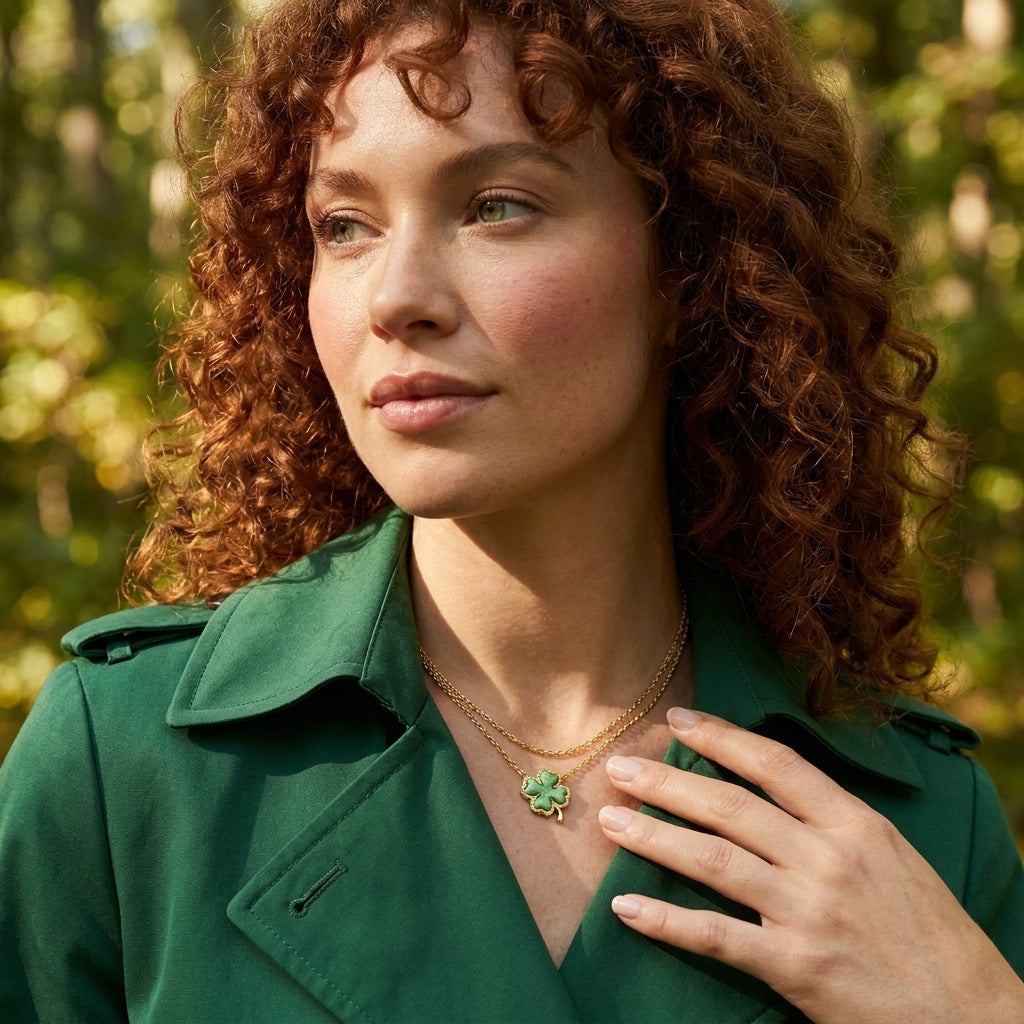 A model demonstrating a layered necklace look with the Kendra Scott green clover gold pendant against a green trench coat
