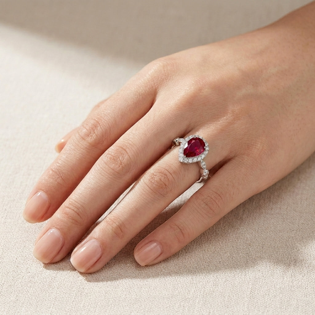 Real-life lifestyle hand view of a model wearing a fine jewelry pear-shaped ruby halo statement ring on her finger.