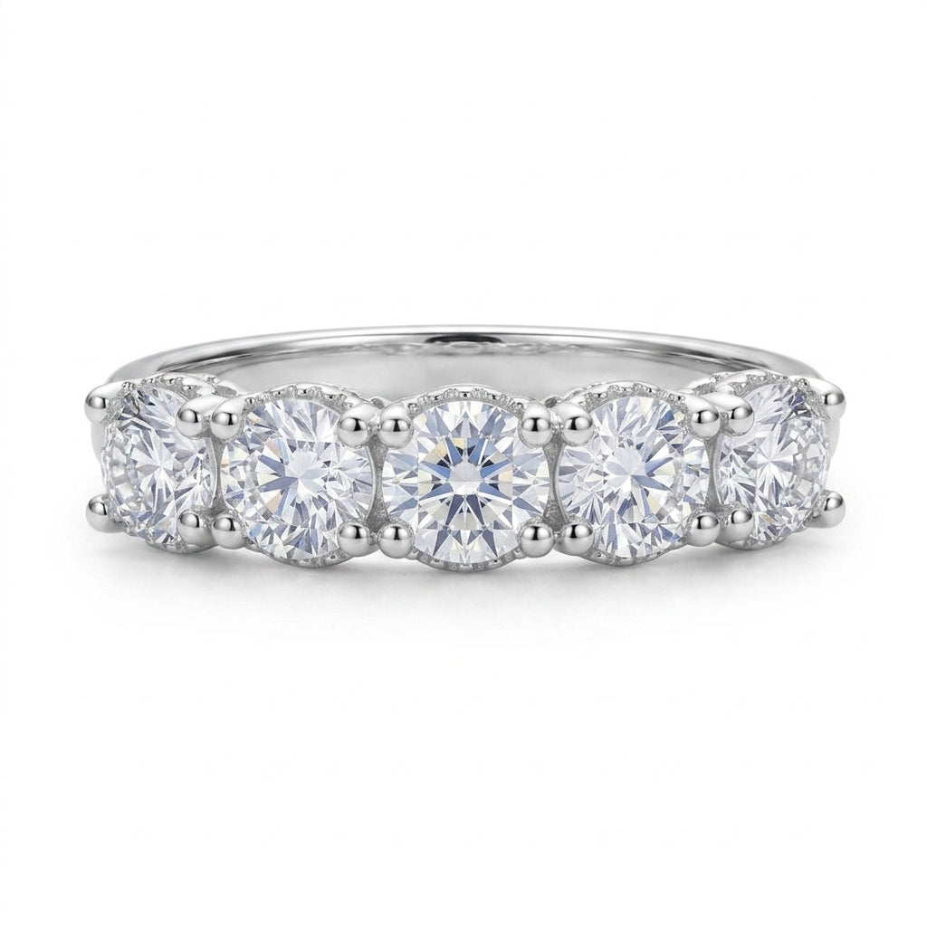 Front view of five-stone round brilliant lab grown diamond wedding ring.
