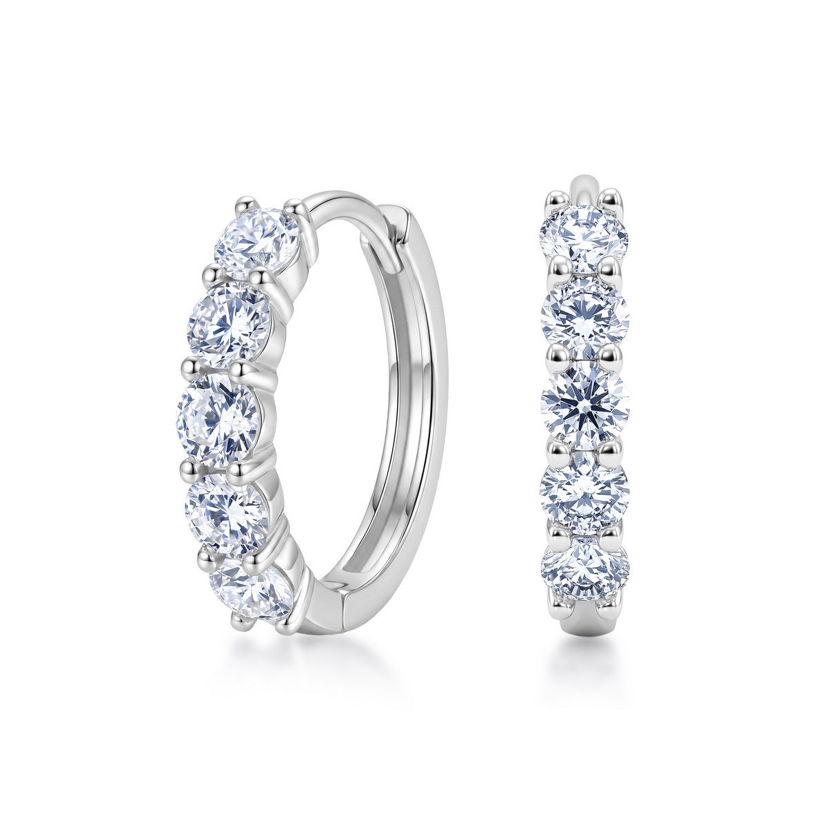 Five stone round cut lab grown diamond huggie hoop earrings in sterling silver isolated on white background