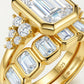 Studio macro close-up highlighting interior S925 metal stamp, gold bezel setting, cluster side stones, and emerald cut eternity band.
