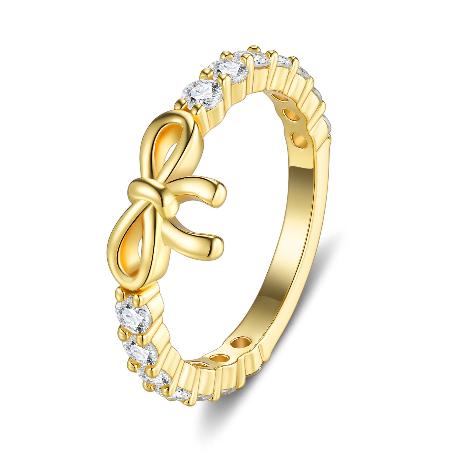 Angled product view of the gold-plated ribbon bow knot half eternity band on white background.