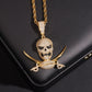 Gold plated S925 sterling silver iced out moissanite pirate skull and swords pendant on leather display box