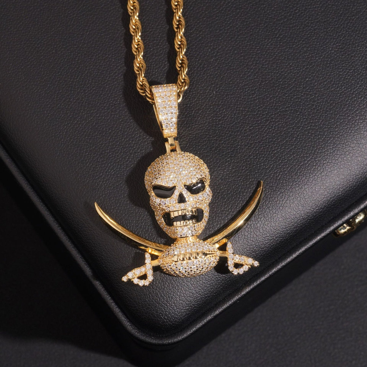 Gold plated S925 sterling silver iced out moissanite pirate skull and swords pendant on leather display box