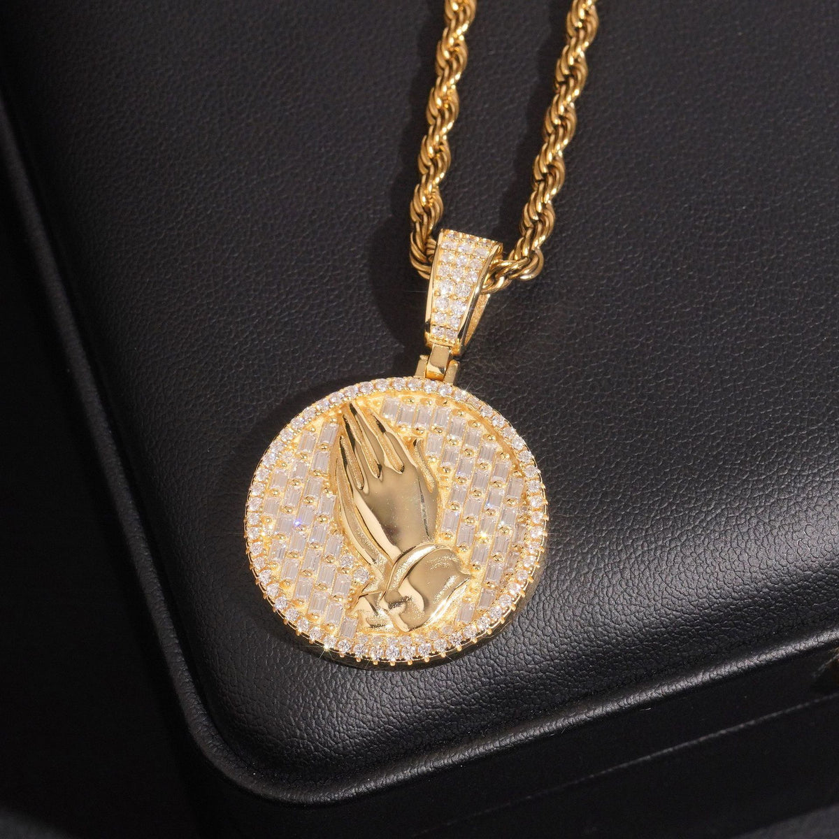 Gold plated 925 sterling silver iced out moissanite praying hands medallion pendant with rope chain on leather display box