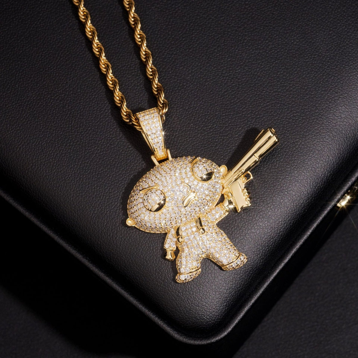 Gold plated S925 sterling silver iced out moissanite Stewie with gun pendant on leather display box