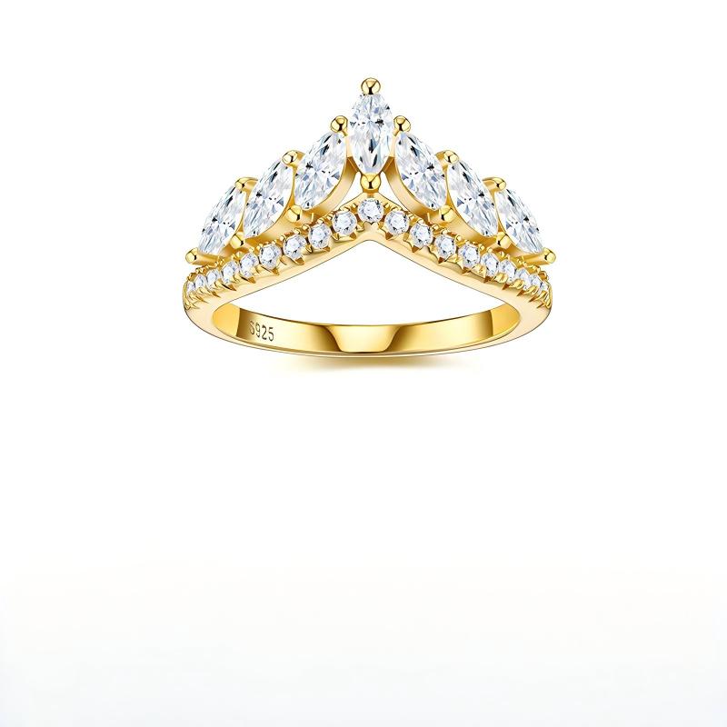Front view of gold marquise cut moissanite tiara crown curved wedding band on white background.