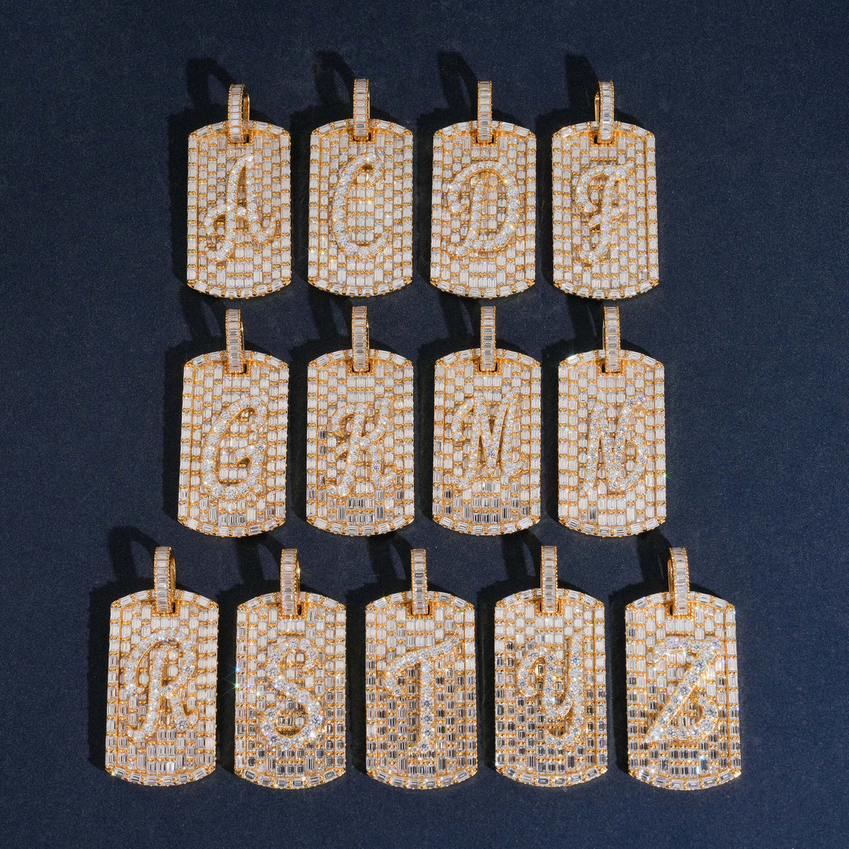 Gold plated S925 silver iced out moissanite baguette initial dog tag pendants arranged in ordered grid