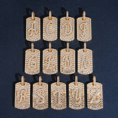 Gold plated S925 silver iced out moissanite baguette initial dog tag pendants arranged in ordered grid