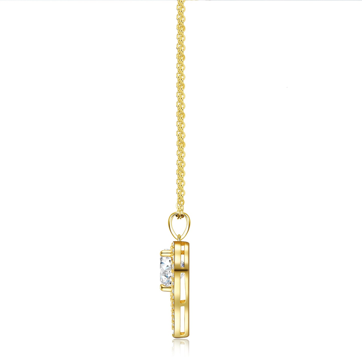 Side profile view of the gold MOM heart moissanite pendant showcasing setting thickness and chain attachment.