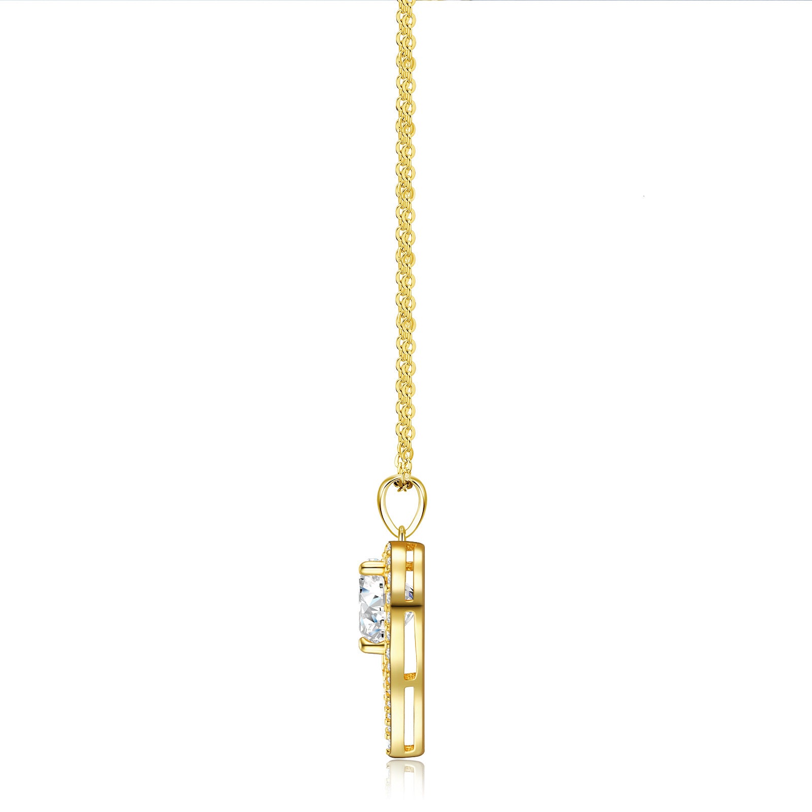 Side profile view of the gold MOM heart moissanite pendant showcasing setting thickness and chain attachment.
