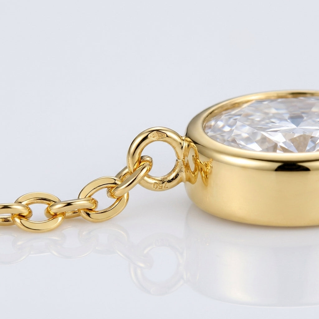Close-up of gold bezel-set oval gemstone, showcasing clean lines and secure modern mounting