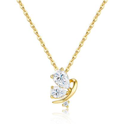 Gold pear cut moissanite butterfly charm necklace in 925 sterling silver.