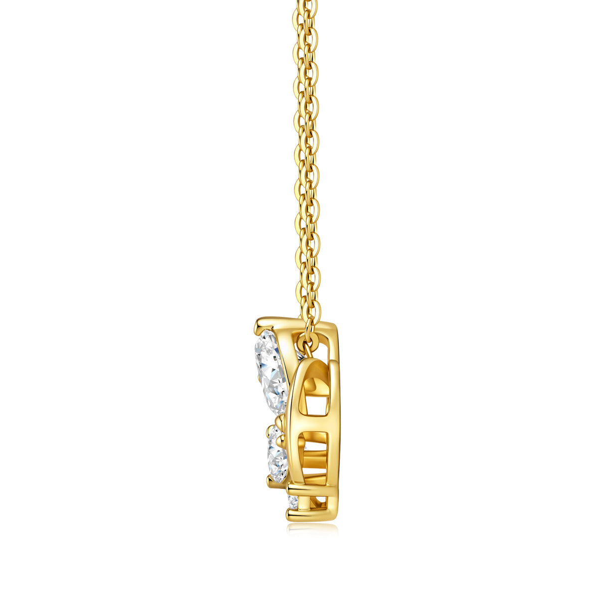 Side view of gold pear cut moissanite butterfly pendant showing openwork profile.