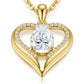 Close-up of pear-cut moissanite set in gold open heart pendant, featuring brilliant sparkle