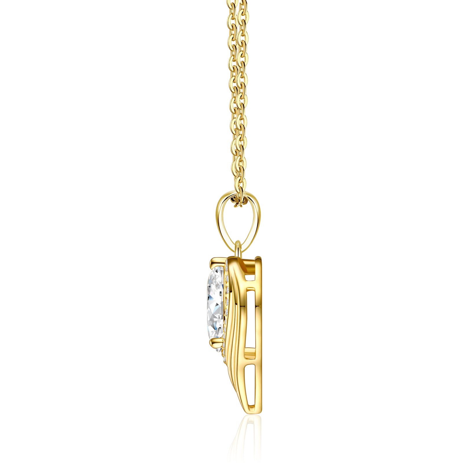 Side profile of gold pear moissanite open heart pendant, showcasing fine craftsmanship