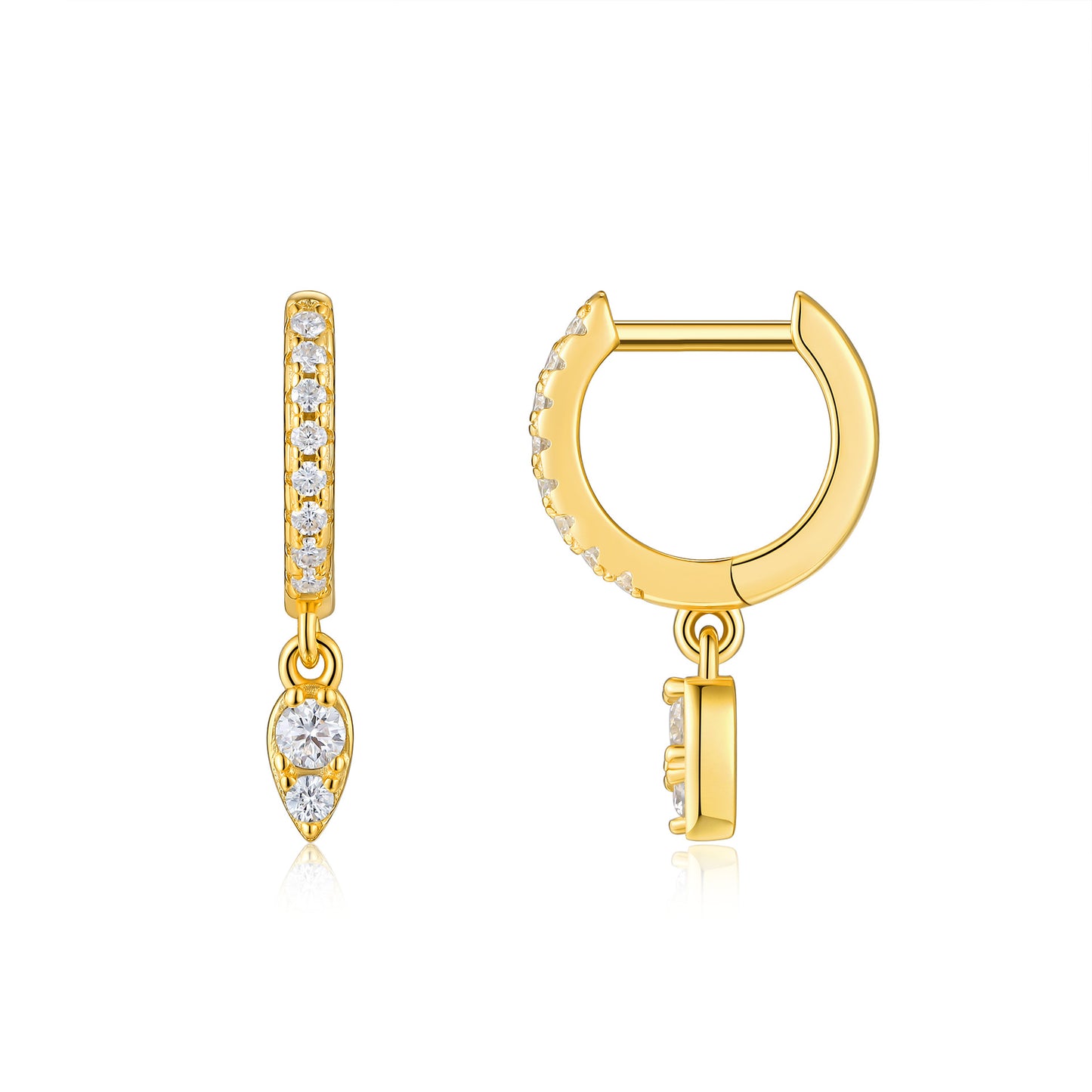 Classic gold pear pavé moissanite drop huggie hoop earrings, front and side view on white background.