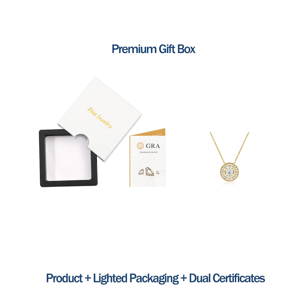 Premium lighted presentation box and dual authenticity certificates for gold moissanite starburst circle disc necklace.