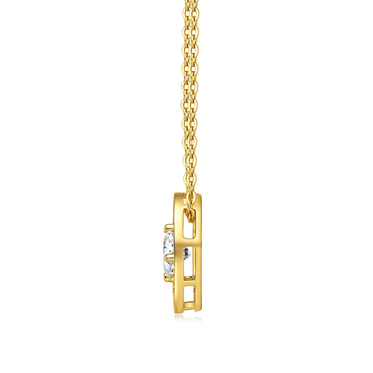 Side view of gold round moissanite starburst circle disc pendant showing openwork profile.