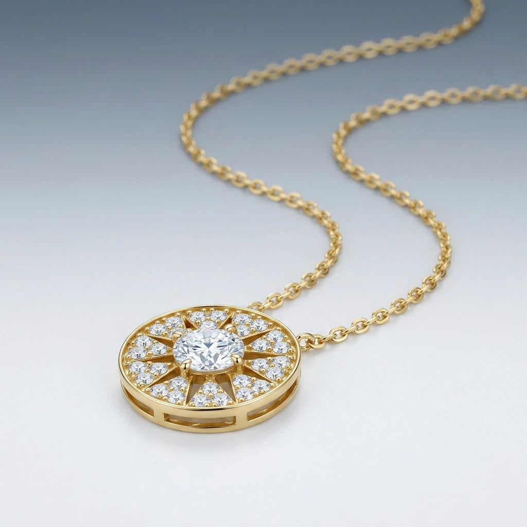 Perspective view of gold round moissanite starburst circle disc pendant necklace on slate background.