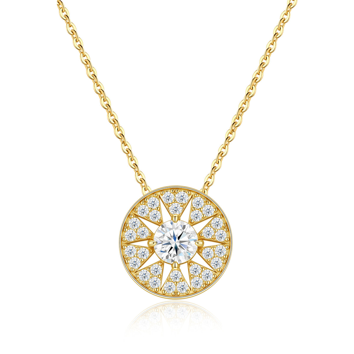 Gold round moissanite starburst circle disc pendant necklace in 925 sterling silver.