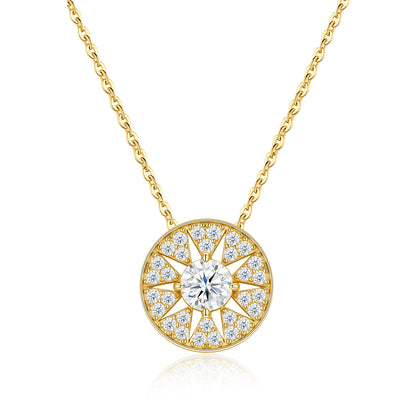 Gold round moissanite starburst circle disc pendant necklace in 925 sterling silver.