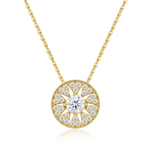 Gold round moissanite starburst circle disc pendant necklace in 925 sterling silver.