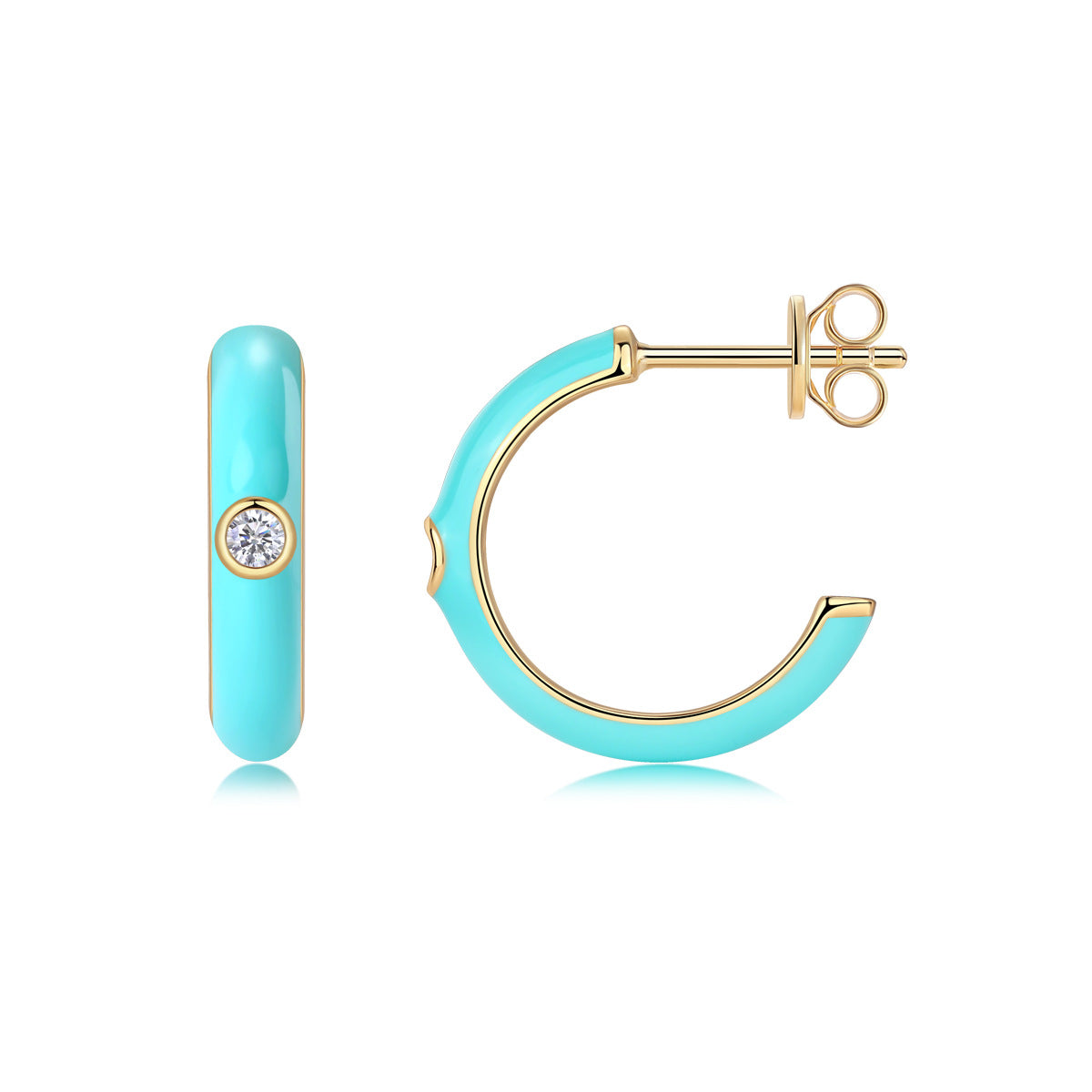 Gold and turquoise blue enamel open hoop stud earrings with bezel set moissanite on white background.