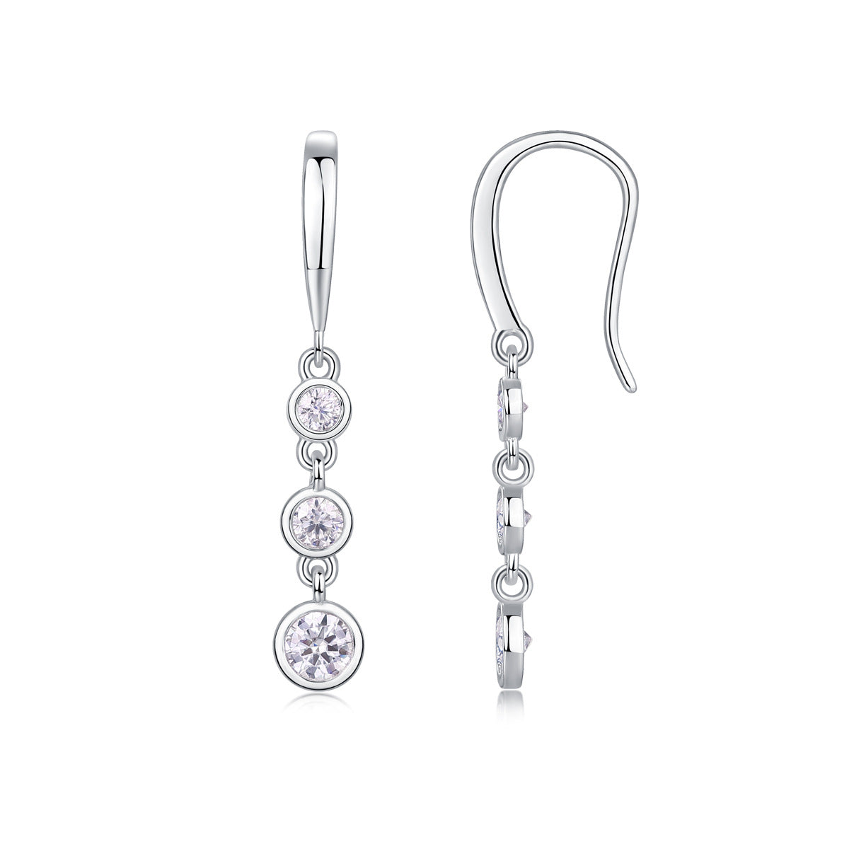 Front and side profile showing French wire hooks on graduated three stone bezel moissanite drop earrings.