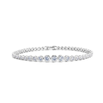 Graduated bezel round lab-grown diamond tennis bracelet in 925 sterling silver.