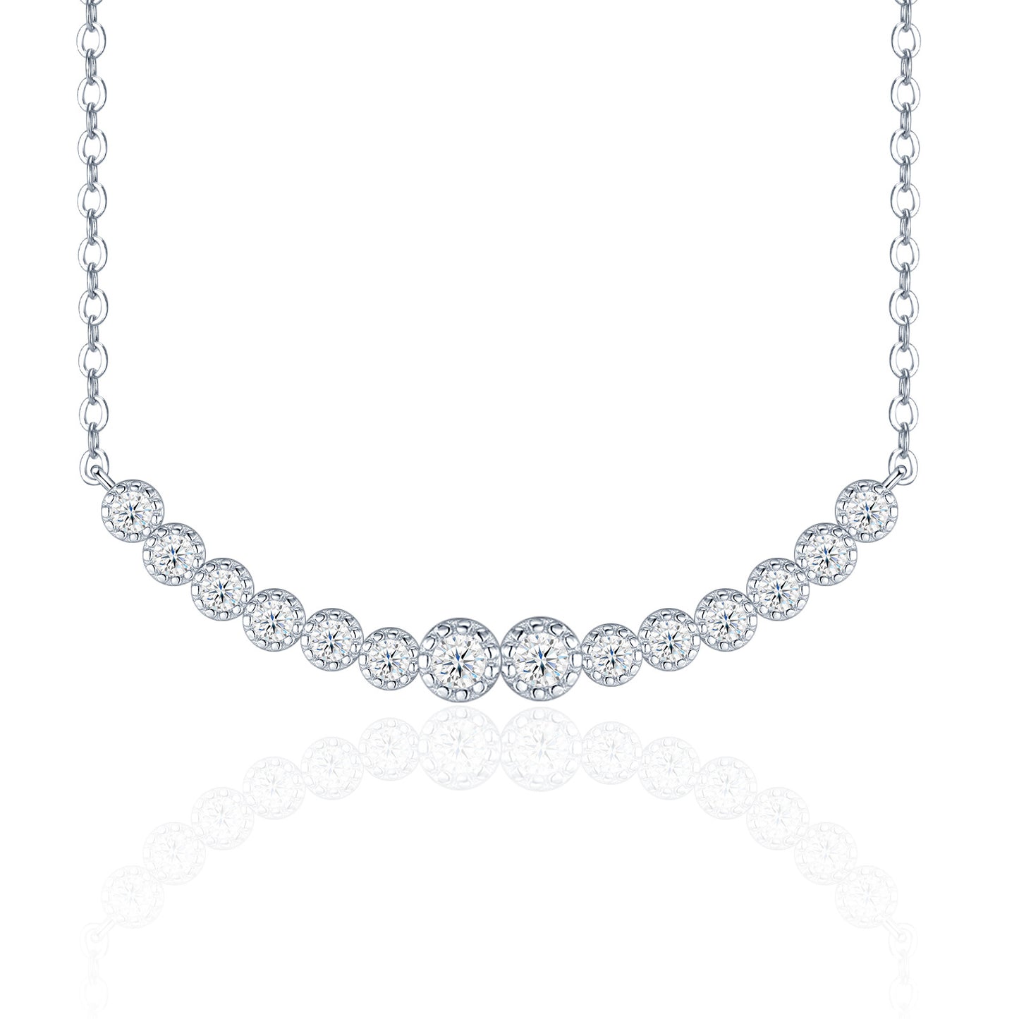 Graduated moissanite curved smile bar necklace with bezel set journey pendant on white background.