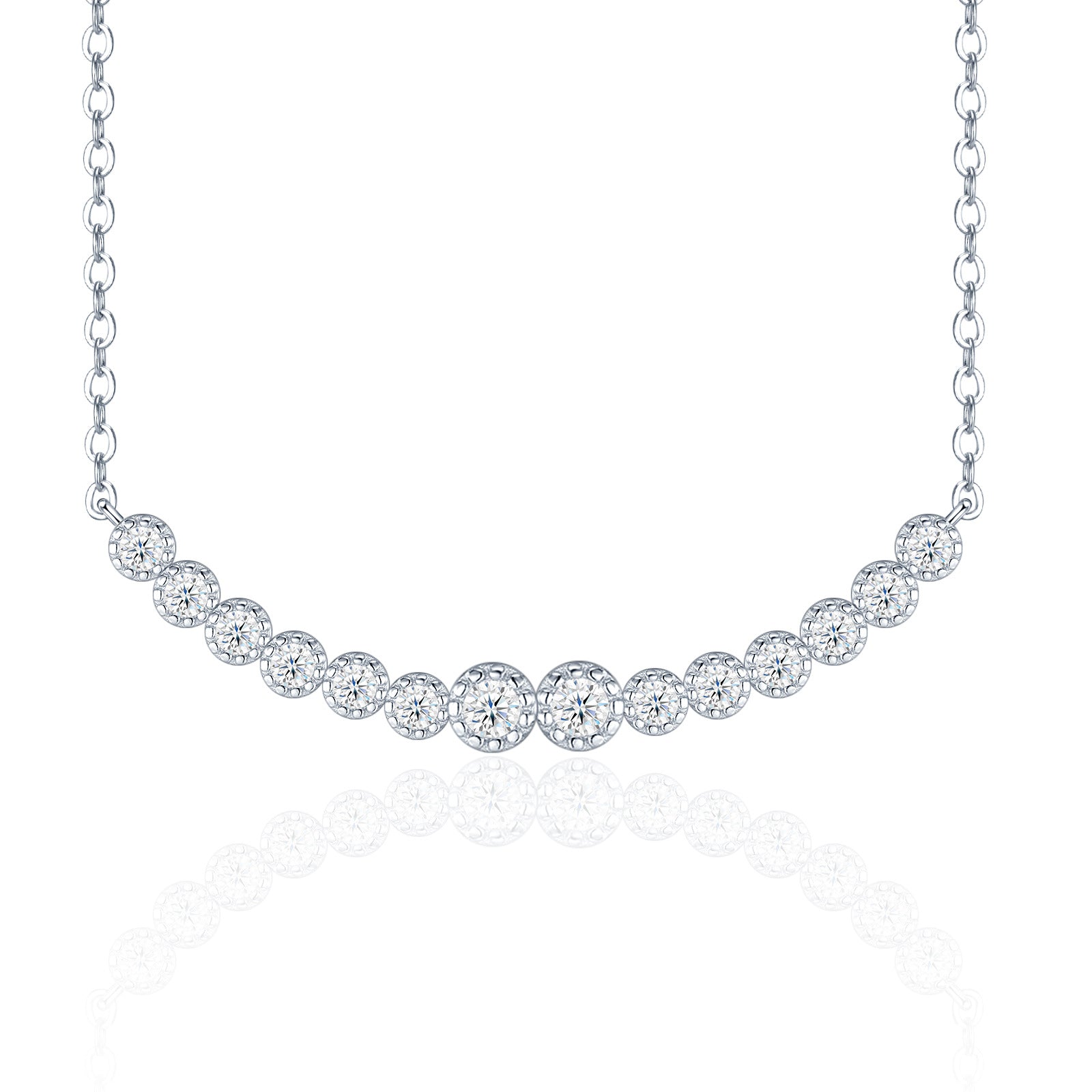 Graduated moissanite curved smile bar necklace with bezel set journey pendant on white background.