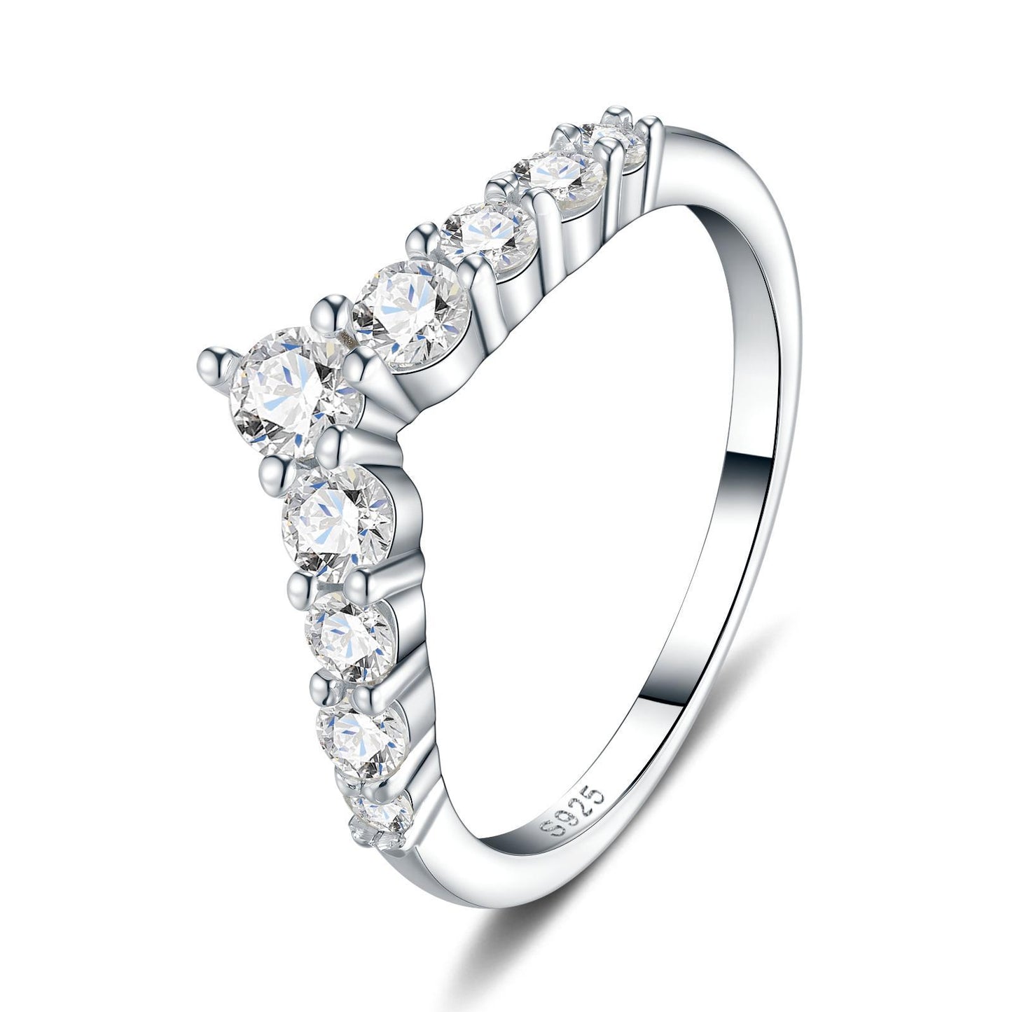 Silver graduated round cut moissanite chevron stacking ring showing S925 hallmark on white background.