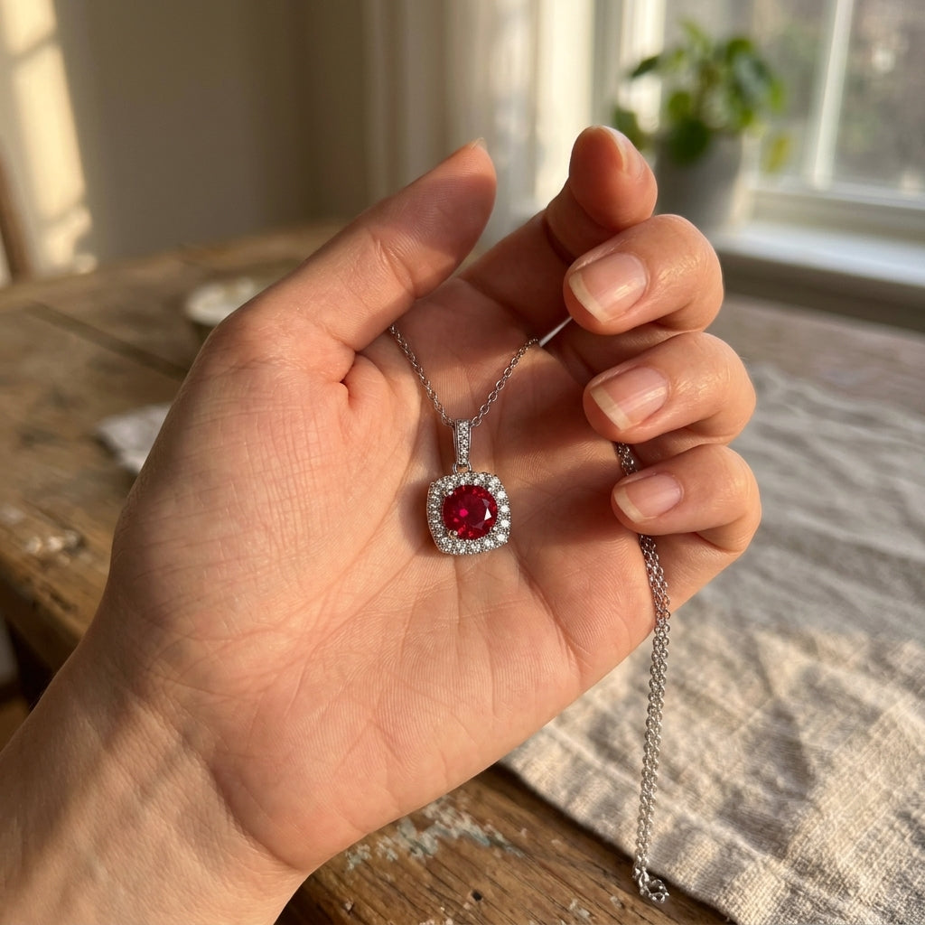 Handheld view in the palm under golden-hour natural light capturing a handcrafted lab-grown ruby square pendant.