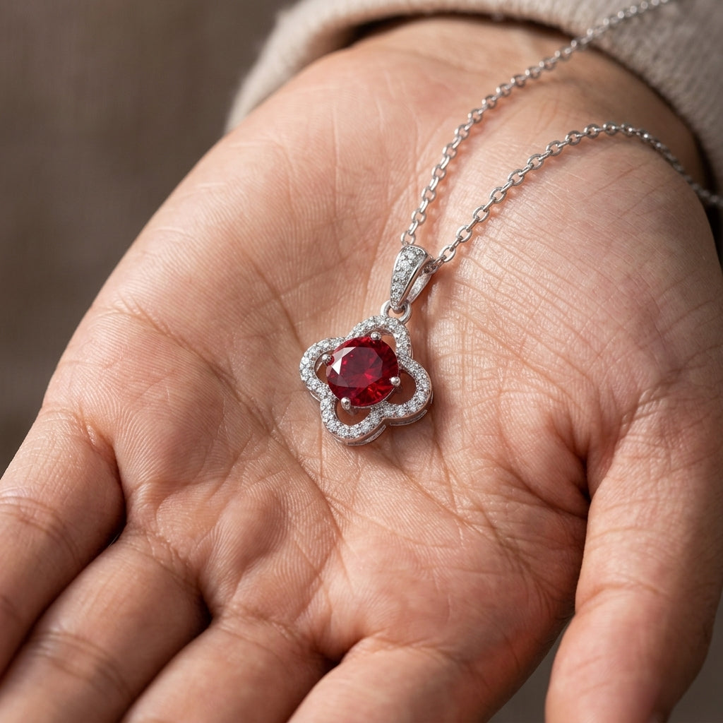Handheld view in the palm under natural soft light capturing a handcrafted ruby openwork clover pendant necklace.
