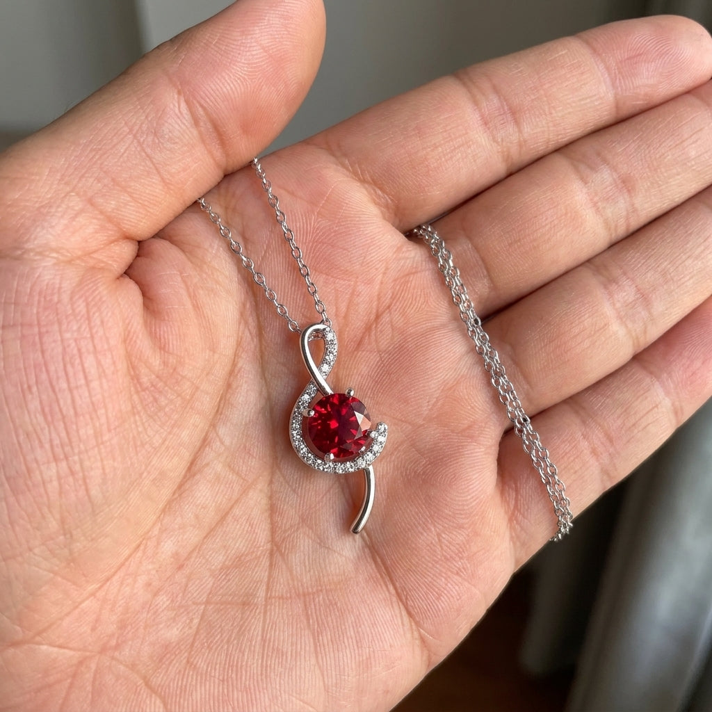 Handheld view under natural directional light capturing the intense fire of a handcrafted ruby treble clef pendant.