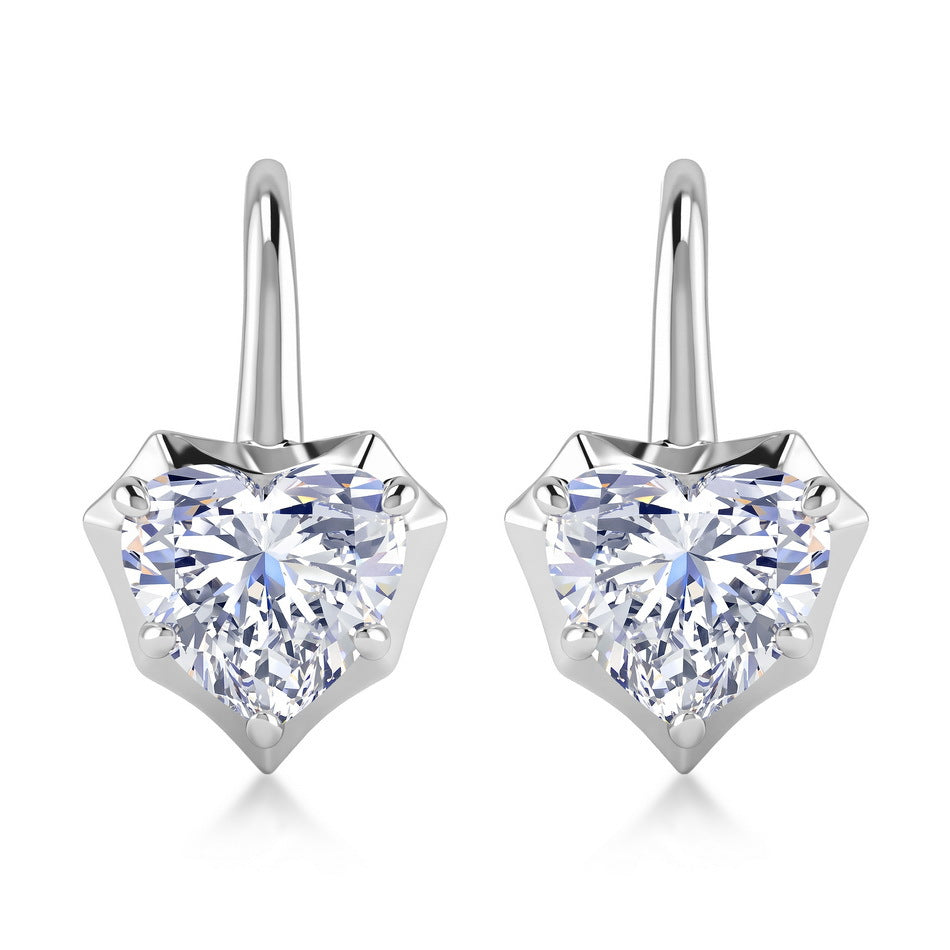 Pair of heart cut moissanite shepherd hook drop earrings in 925 sterling silver.