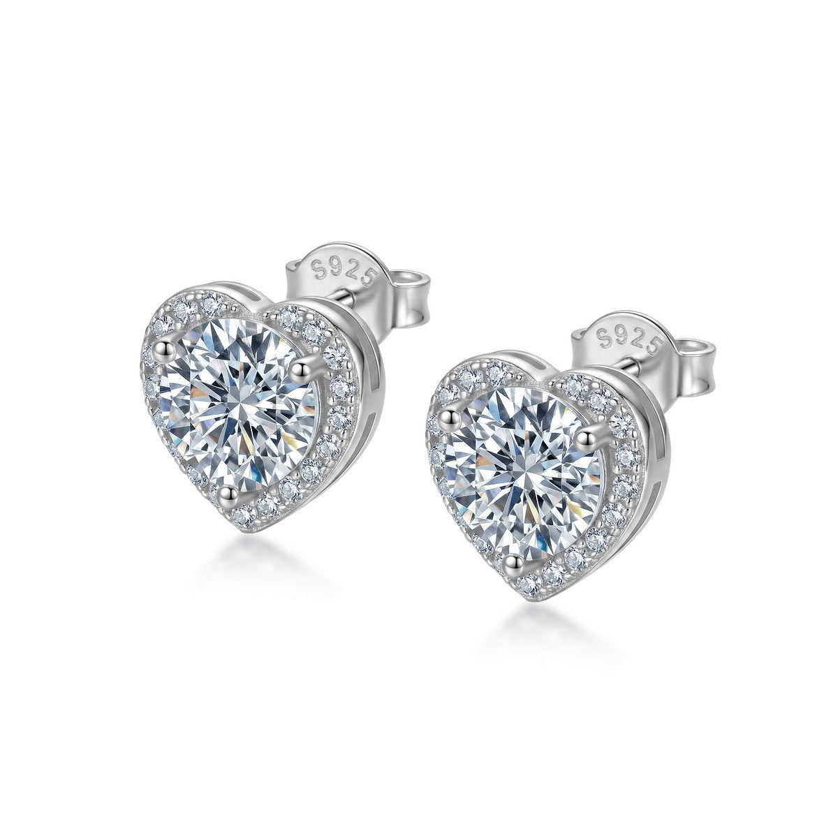 Heart halo round cut lab grown diamond stud earrings in sterling silver isolated on white background