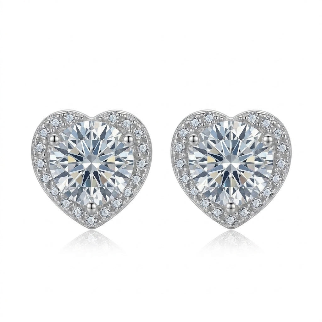 Pair of heart halo round brilliant cut lab grown diamond stud earrings front view