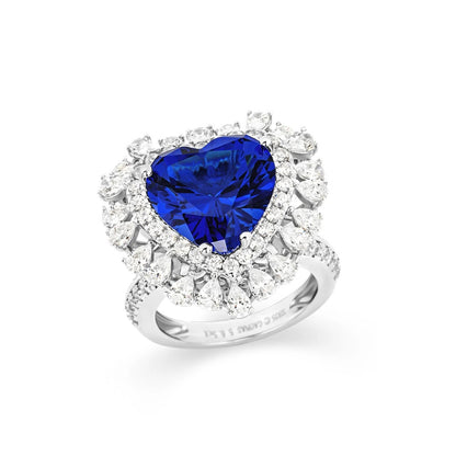 Heart-shaped blue sapphire halo ring in solid 925 sterling silver, immaculate mirror-polish finish