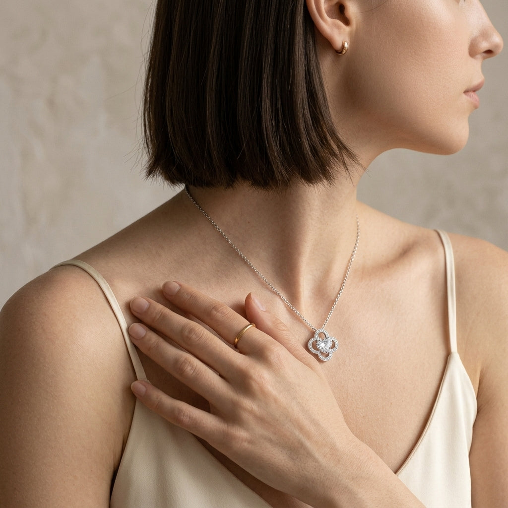 Model wearing heart shaped moissanite openwork gourd clover pendant necklace.