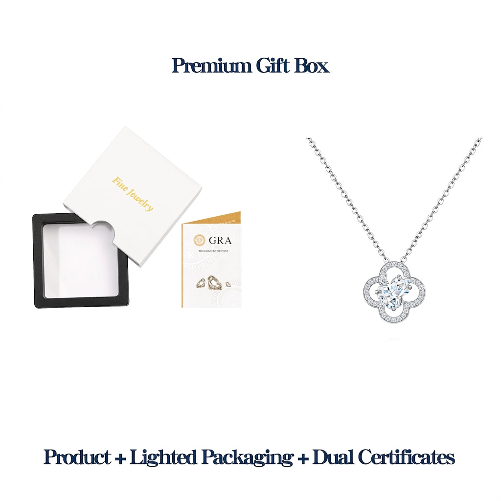 Premium lighted presentation box and dual authenticity certificates for heart moissanite gourd clover necklace.