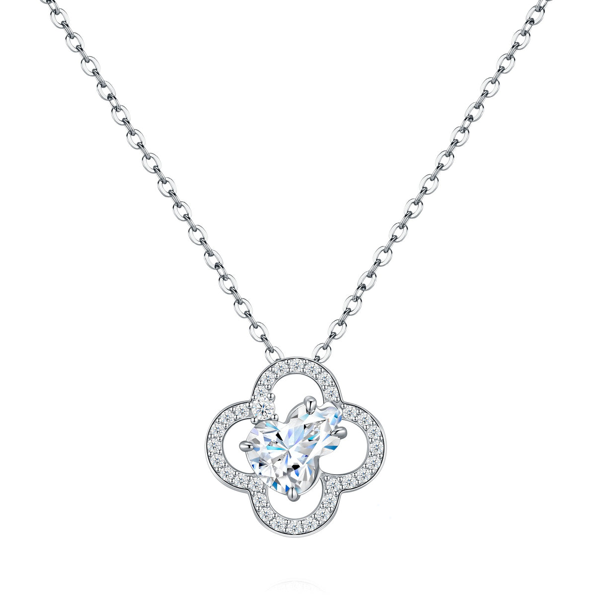 Heart shaped moissanite openwork gourd clover pendant necklace in 925 sterling silver.