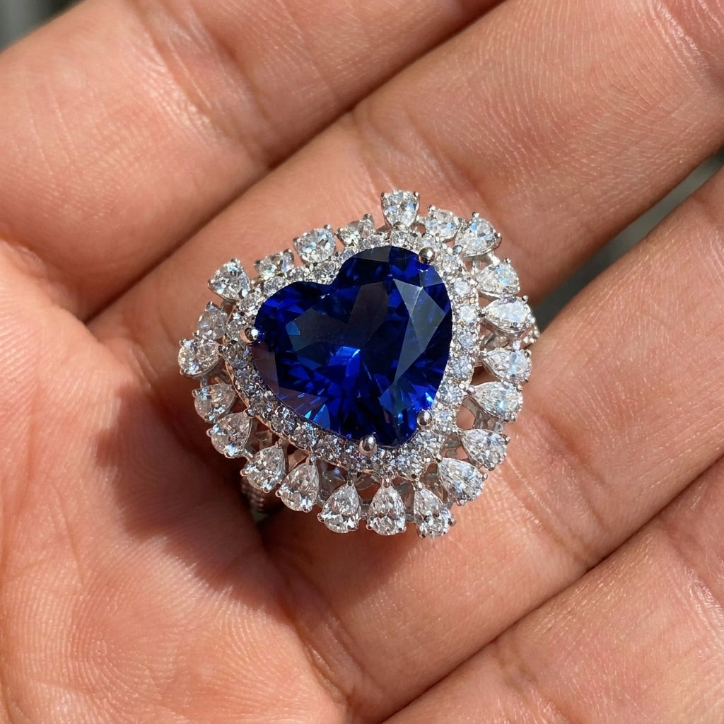 Close-up of heart blue sapphire halo ring, highlighting gemstone brilliance and intricate halo detail