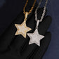 Hand wearing black glove holding gold and silver S925 moissanite 3D star hip hop pendants on rope chains