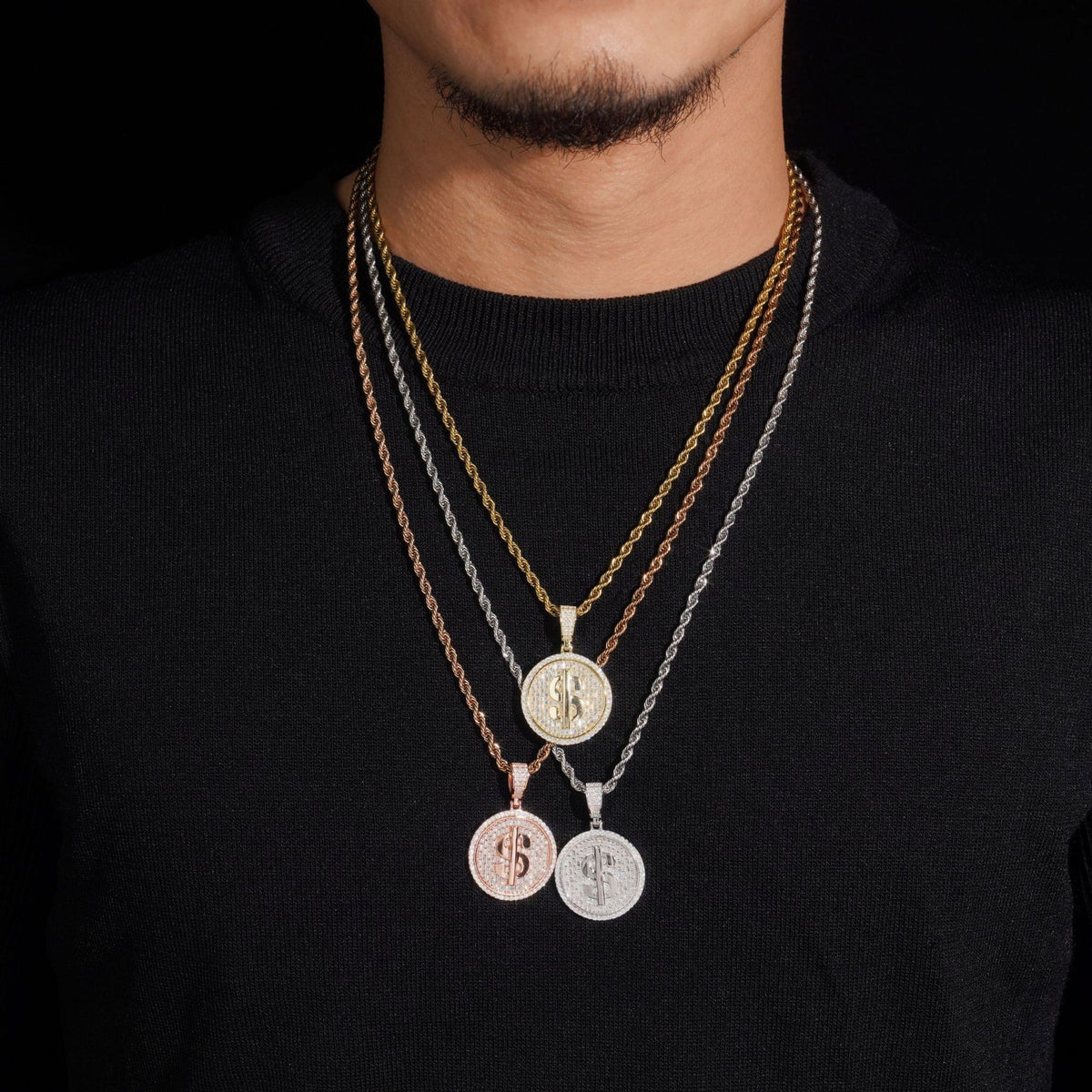Hip hop S925 silver full iced out moissanite dollar sign medallion pendants in gold silver rose gold on dark background