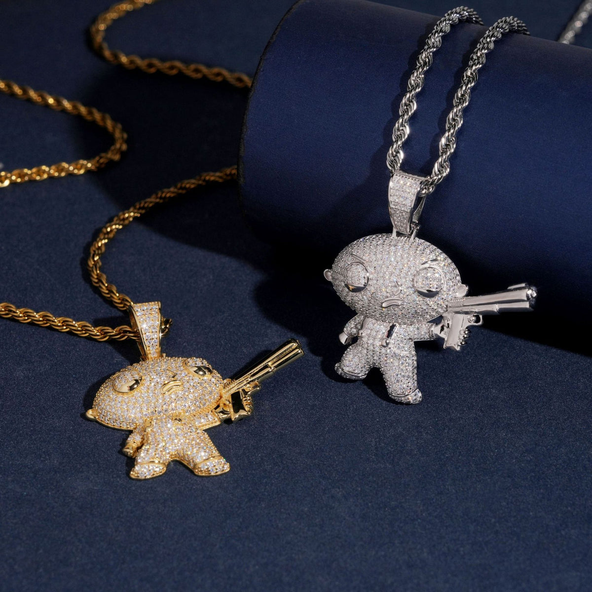 Hip hop S925 silver full iced out moissanite Stewie with gun pendants in gold and silver on dark display