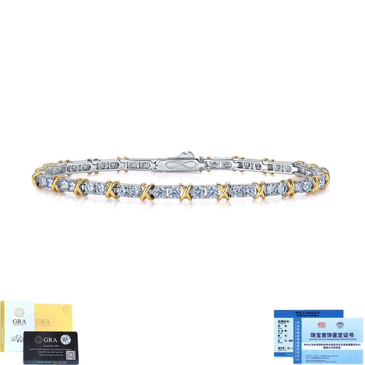 Two-tone hugs and kisses XO moissanite tennis bracelet lay flat with GRA certificates
